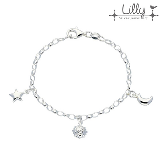 Lilly 104.1972 - Lilly zilveren kinder bedelarmband met 3 zilveren bedels: maan, zon en ster - lengte armband 16 cm  