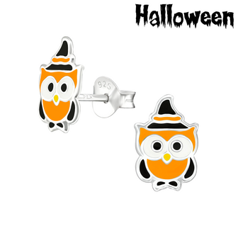 Halloween - zilveren oorbellen uil met heksen hoed