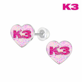 Zilveren K3 kinderoorbellen hart met glitter