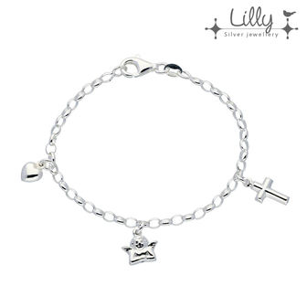 Lilly 104.1975 - Lilly zilveren kinder bedelarmband met 3 zilveren bedels: hartje, engeltje, kruisje - lengte armband 16 cm