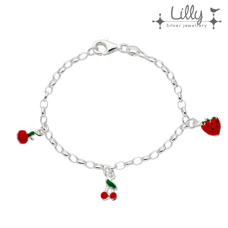 Lilly 104.1981 - zilveren kinder bedelarmband met rode en groene emaille: appel, kersen en aardbei 